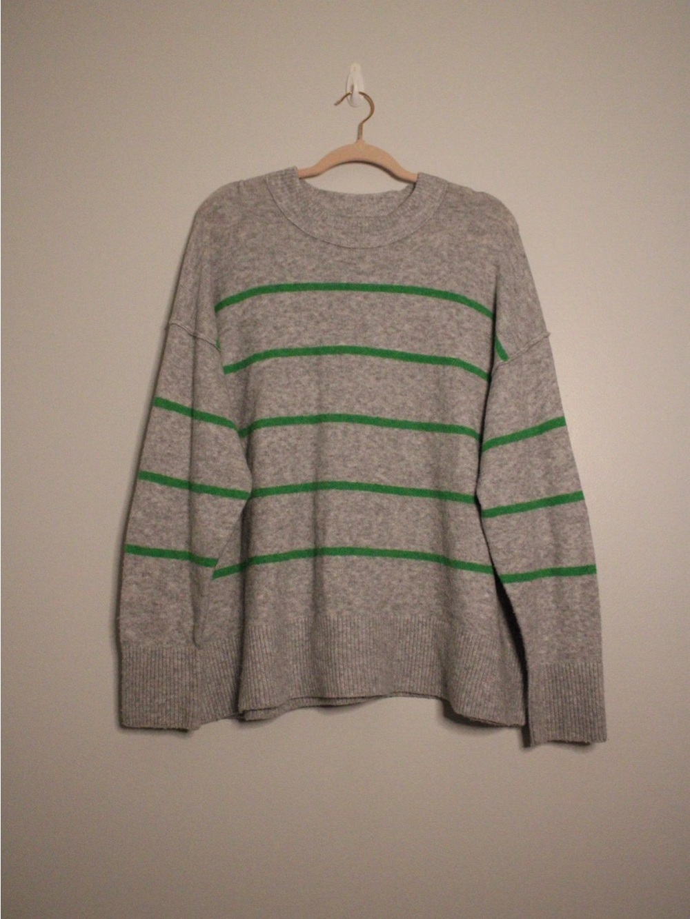 aerie Gray Crewneck Sweater with Green Stripes